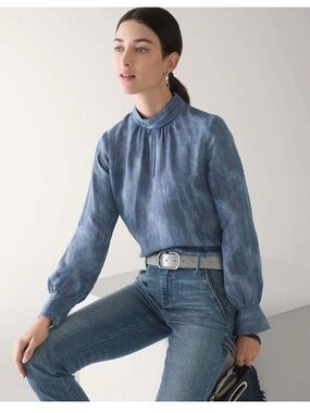 White House Black Market Slate Blue Keyhole High Neck Blouse Size 0P